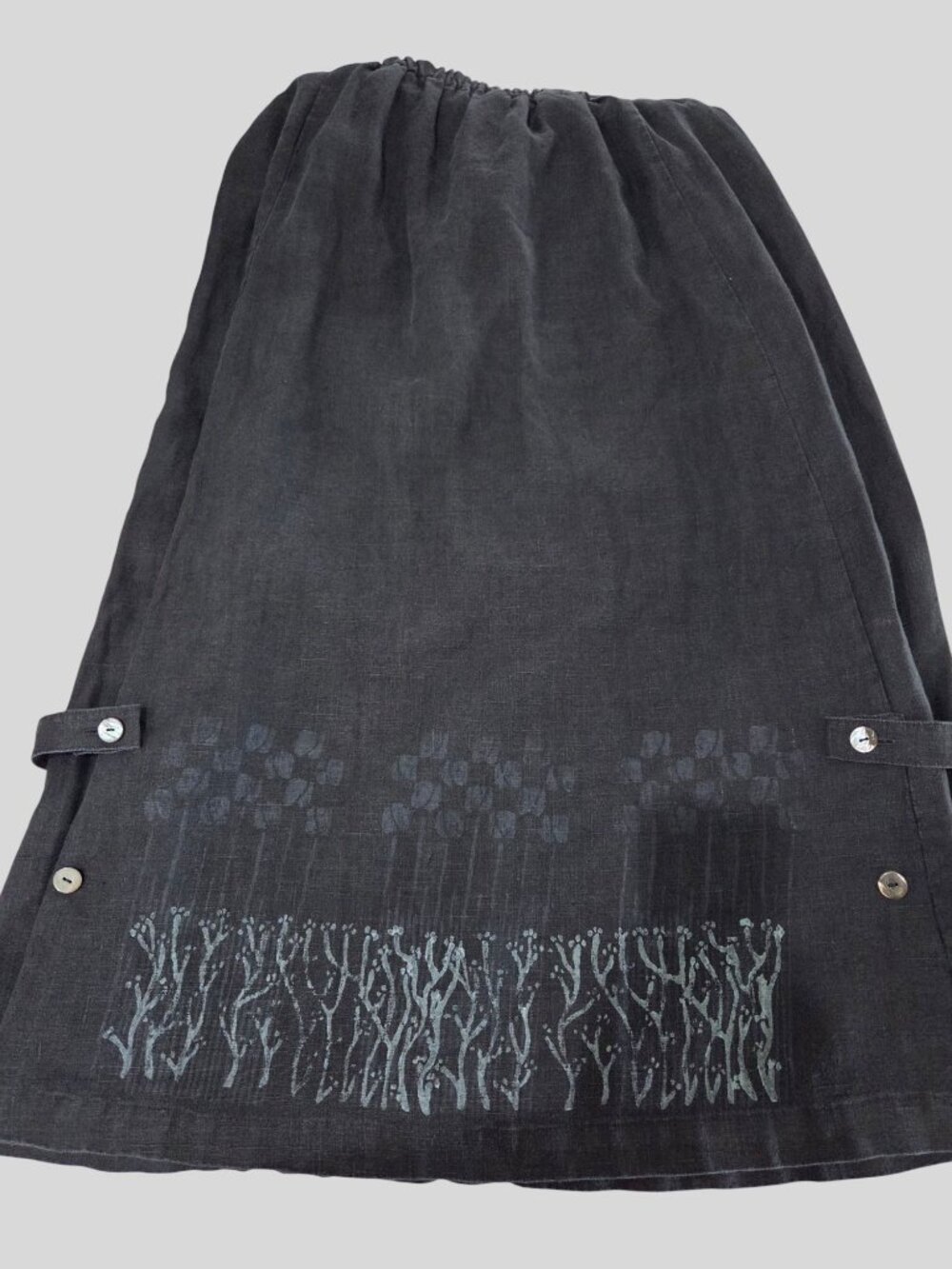 VTG 1996 Blue Fish Linen Maxi Skirt Black Sz 1 Painted Botanical Hem Lagenlook - Picture 4 of 16